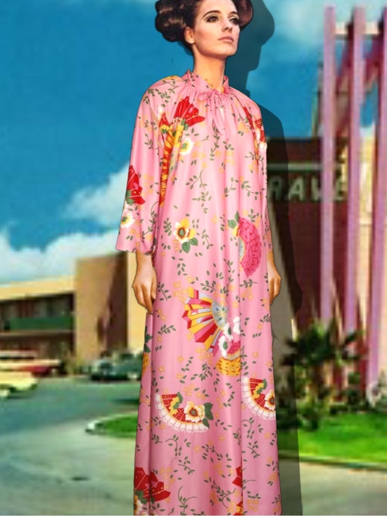 Vintage Other - 1970s Pink Japanese Fan Floral Housedress Maxi Robe Kaftan Tie Neck Vintage